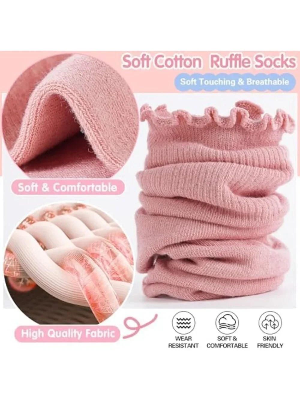 Girls Ruffle Crew Socks - 6 Pairs Frilly Cotton Uniform School Socks